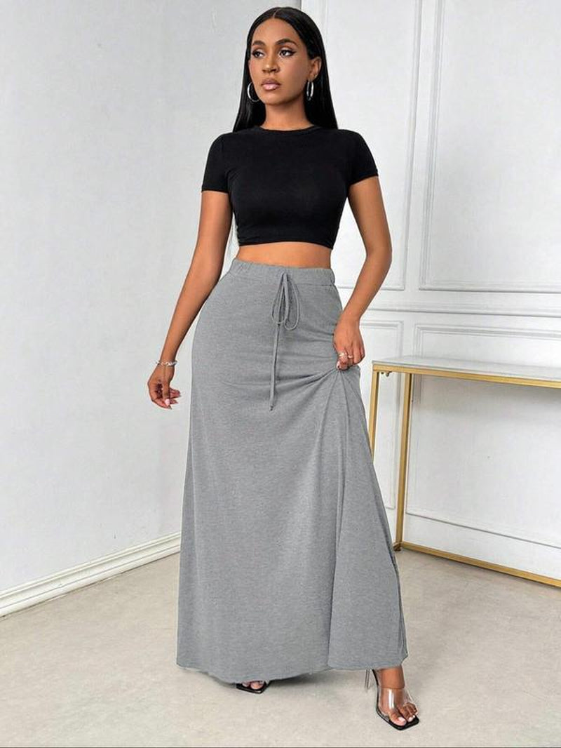 Plus Size Elegant A-Line Skirt with Drawstring Waist - Stylish Casual Long Skirt for All Seasons